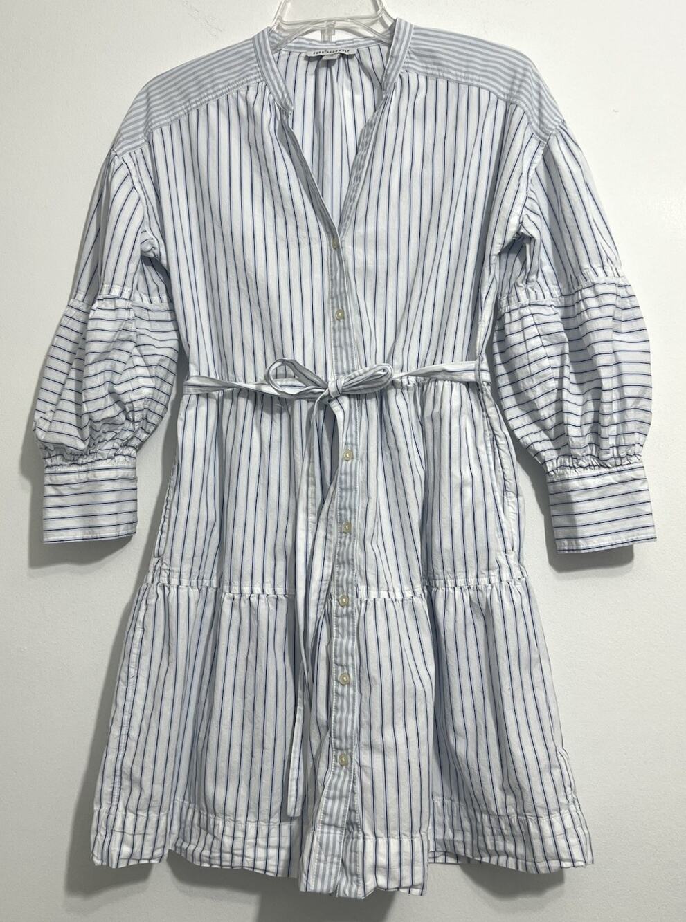 Free Assembly Striped Shirt Balloon LS Mini Dress XS Blue White Pockets Cotton